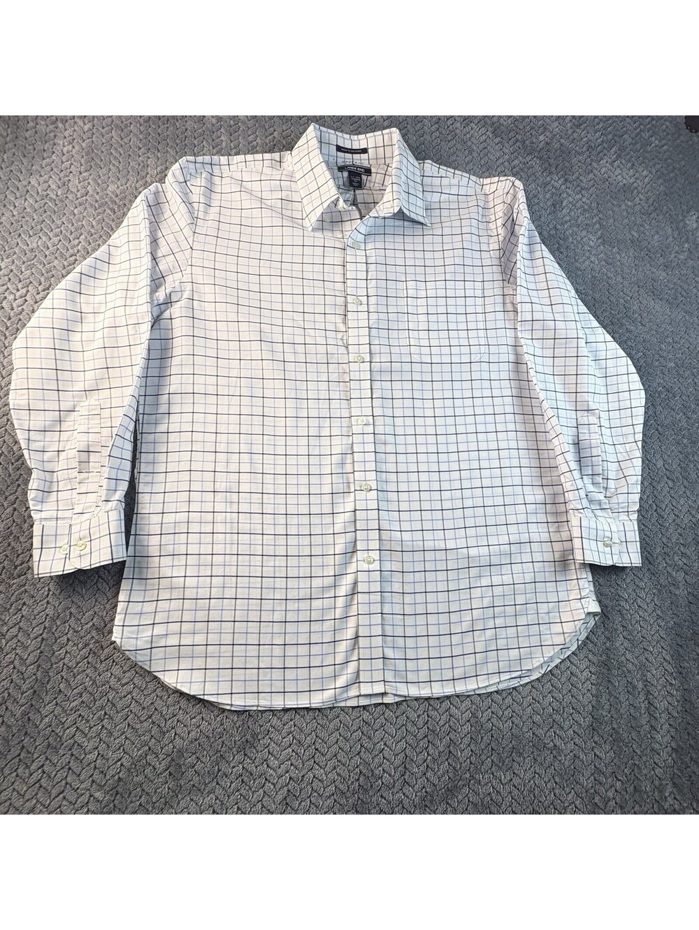 Lands End Shirt Mens 17-34 Supima  Tailored Fit Light Blue Plaid No Iron (0189)